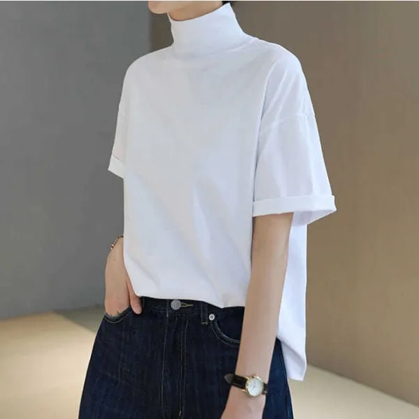 おしゃれ シンプル  ハイネック 無地 カットソー トップス コットン Ｔシャツ