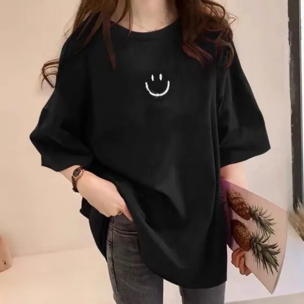 組み合わせ自由 カジュアル 多色展開 ラウンドネック M-4XL 笑顔柄プリント 半袖 Tシャツ