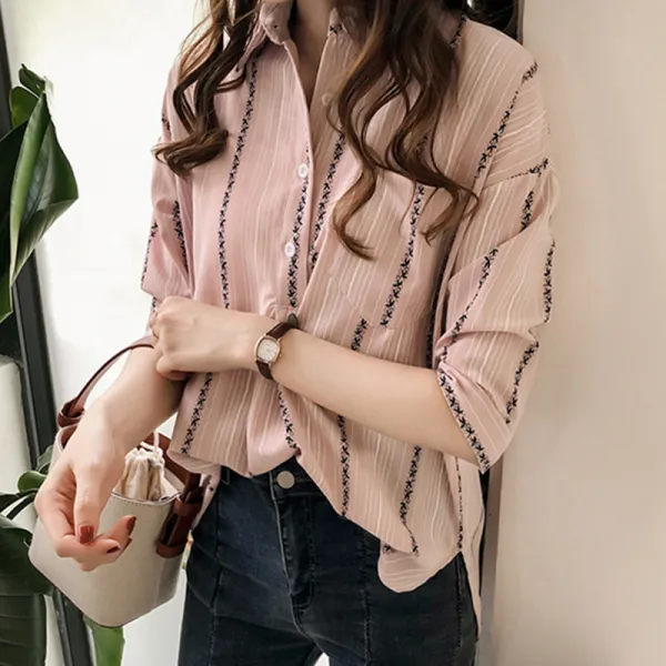 【この時期必見！】絶対流行簡約・シンプル長袖折り襟スリットボタンストライプ柄ブラウス/シャツ