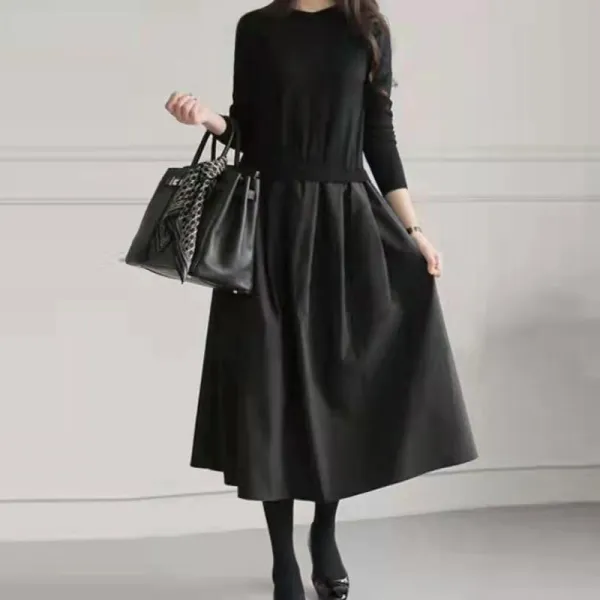 人気 カジュアル 長袖 無地 切り替え ラウンドネック ニットワンピース