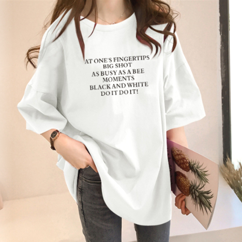 見逃し厳禁 カジュアル プルオーバー アルファベット プリント ラウンドネック ロング 半袖 Tシャツ