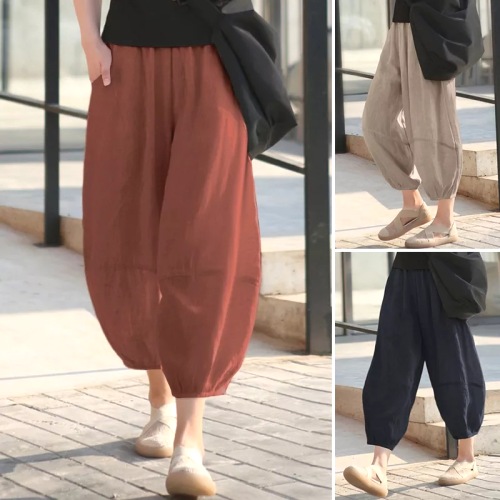 レトロ感デザイン シンプル 無地 ハイウェスト ポケット付 アンクル丈  ガウチョパンツ 森ガールボトムス