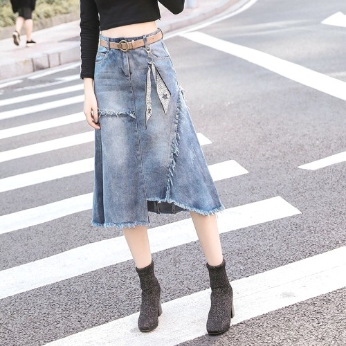 個性派ファッション着痩せ不規則デニムスカート