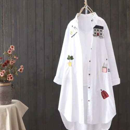 存在感抜群 刺繍 折り襟 ロング丈 カジュアル ゆったり ロングシャツ 森ガール カーディガン