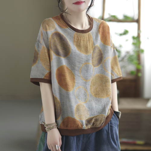 上品な可愛さ 綿麻 プリント ラウンドネック カジュアル L-XL レディース 万能 組み合わせやすい Tシャツ 森ガール トップス