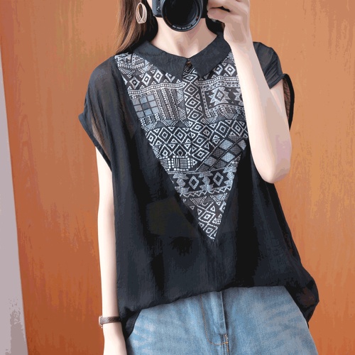 美人度アップ カジュアル プリント 切り替え ノースリーブ POLOネック Tシャツ
