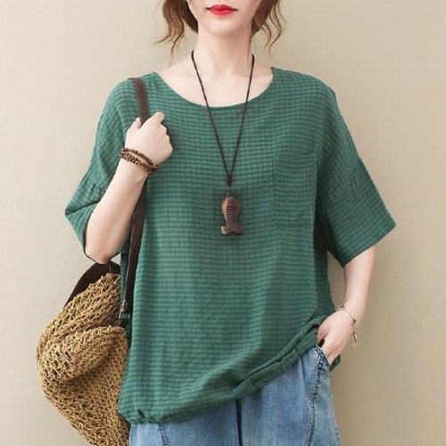 上品なシルエット 定番 プラスサイズ 無地  ラウンドネック ゆったり Tシャツ
