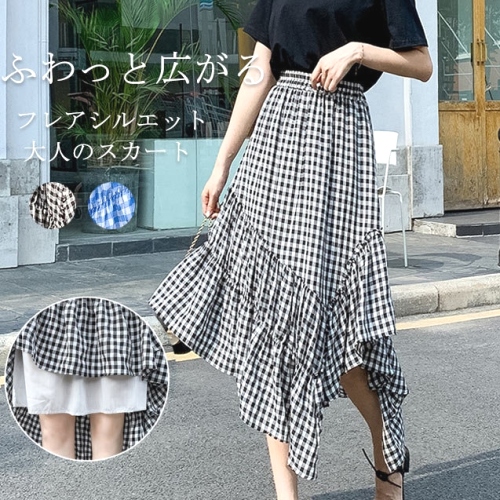 雑誌掲載商品 ファッション ハイウエスト Aライン チェック柄 切り替え ランダムティアード スカート