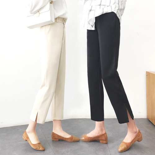 上品さたっぷり シンプル  ハイウエスト スリット アンクル丈 無地 ストレートパンツ