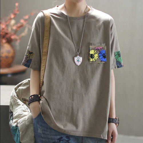 レトロ文芸スタイル半袖ラウンドネック配色森ガールＴシャツ
