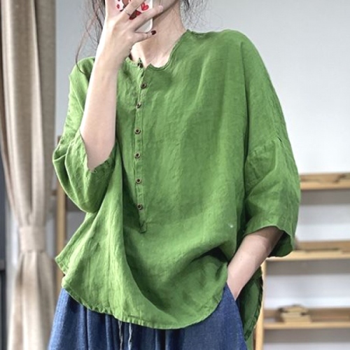 夏を楽しむ シンプル ボタン プルオーバー 七分袖 ラウンドネック 無地 ボタン付き 全3色 L-2XL Tシャツ