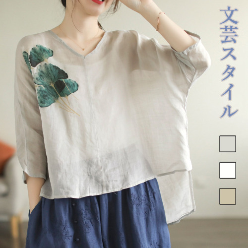 上品なシルエット  レトロ エスニック系  プリント Vネック 薄手 レディース Tシャツ   森ガール トップス