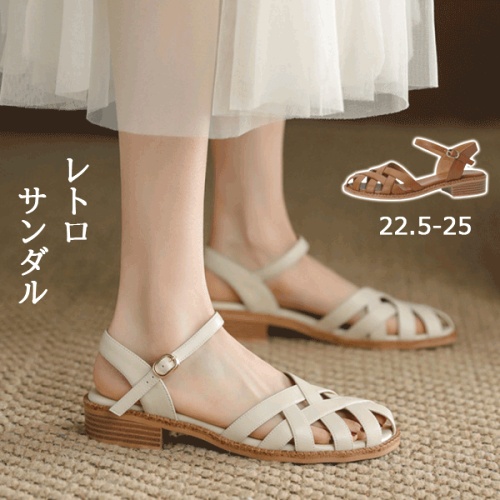 気質アップ レトロ  丸トゥ 透かし彫り ワンシェイプバックル 日常 サンダル