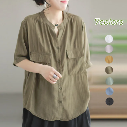 【7色展開】気質アップ M-2XL  シンプル ブレスト シングルブレスト 無地 半袖 シャツ