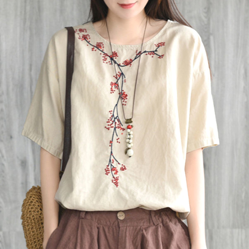 今季注目 文芸 レトロ 刺繡 綿麻 クルーネック ゆったり 多色 合わせやすい 森ガールトップス
