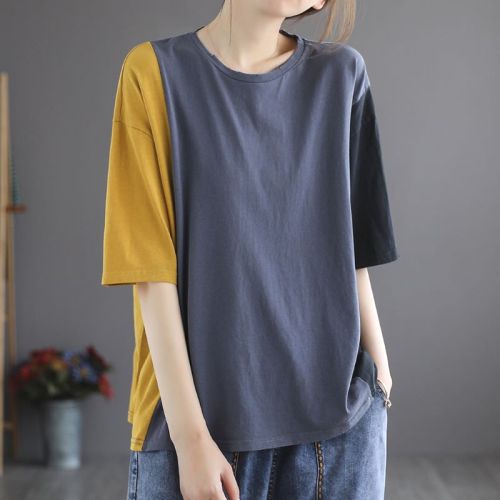 売り切れ必至 プルオーバー 配色 ラウンドネック 半袖 Tシャツ 森ガールトップス