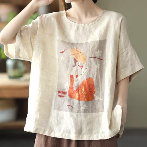 絶対可愛い 文芸風   ラウンドネック プリント 3色展開 半袖 M-4XL レディース Tシャツ