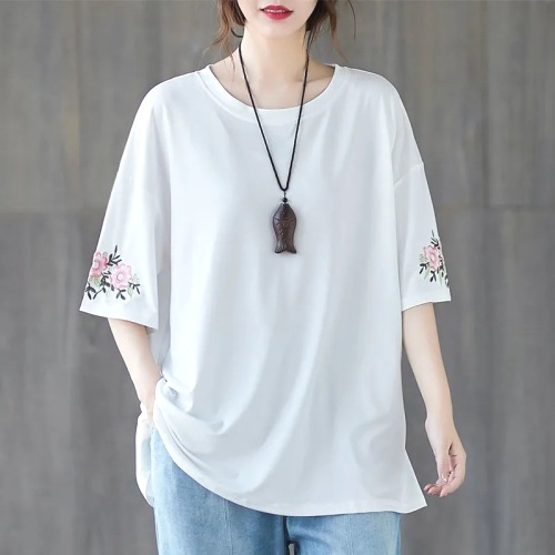 人気集中アイテム 文芸スタイル 無地 着瘦せプラスサイズ XL-6XL 半袖 刺繍 Tシャツ  森ガールトップス