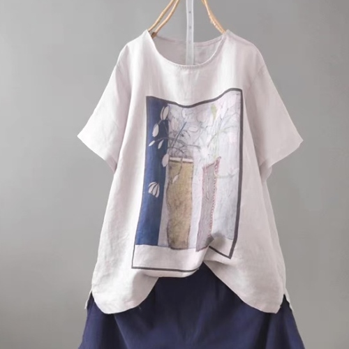 柔らかくて優しい印象 文芸スタイル プリント 着瘦せ ラウンドネック 春夏 スリット  半袖 Tシャツ  森ガールトップス