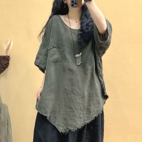 流行の予感 ファッション  レトロ 無地 切り替え ロング Tシャツ