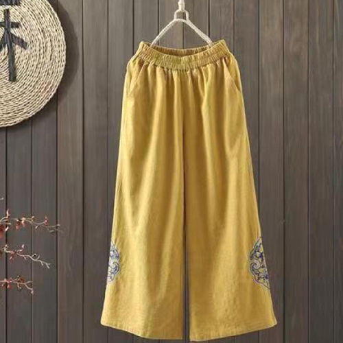 今季注目 文芸スタイル レトロ  刺繍 ゆったり型  伸縮性ウエスト ポケット  アンクル丈 ガウチョパンツ