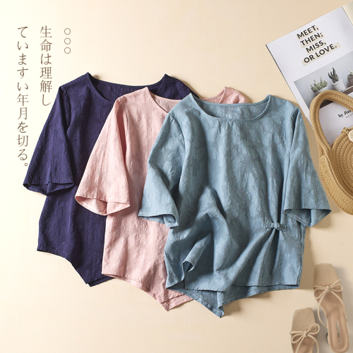 人気新作  レトロ 個性的なデザイン 総柄  ゆったり型 無地 プルオーバー 春夏 Tシャツ   森ガールトップス