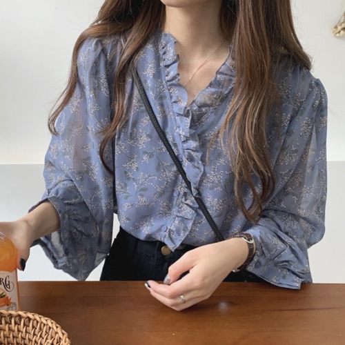 柔らかくて優しい印象 スウィート ギャザー プリント Vネック 花柄 シャツ