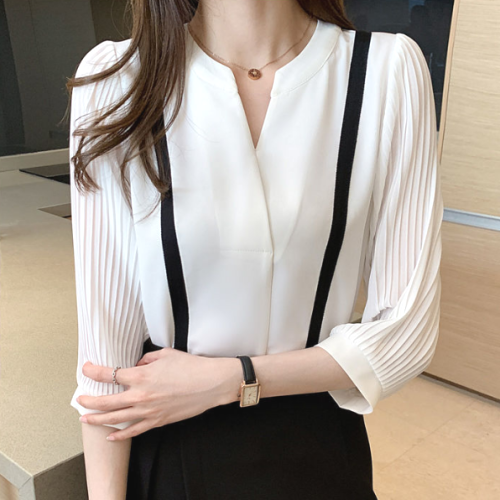 ins超人気  韓国系 シンプル  通勤/OL 配色 ギャザー  Vネック  切り替え シフォンシャツ