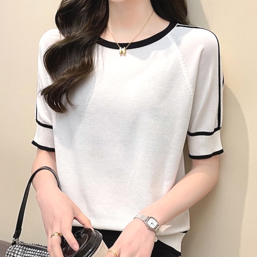 上品なシルエット シンプル 配色 ラウンドネック プルオーバー ニット Tシャツ