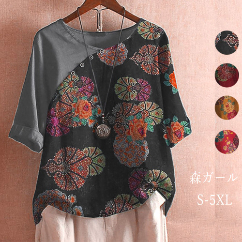 【S~5XL】エスニック風　高品質  大人Ｔシャツ　プリント 花柄　 ボタン  切り替え 夏トップス