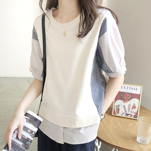 大人可愛い シンプル ストライプ柄 配色 ラウンドネック レイヤード Tシャツ