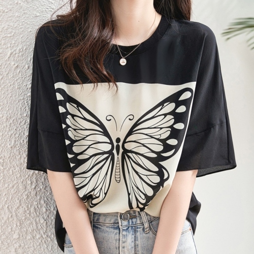 韓国ファッション女性服1位ラウンドネック五分袖プリントゆったり着心地いいＴシャツ