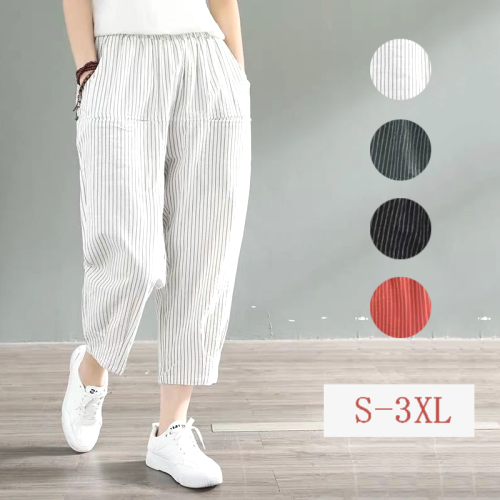 No.1 人気商品 文芸スタイル ゆったり ストライプ柄 ハイウエスト クロップド丈 カジュアルパンツ