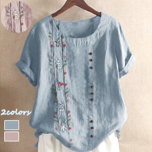 美人度アップ レトロ 刺繡 花模様 ボタン飾り ラウンドネック 半袖 全2色 ワンサイズ レディース Tシャツ