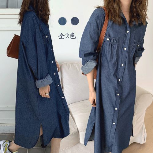 韓国風ファッション 無地 ゆったり シングルブレスト 長袖 ロング シャツ デートワンピース