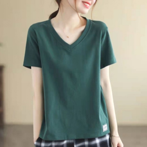 人気上昇中 森ガール アルファベット 切り替え Vネック 着痩せ レディースファッション トップス  Ｔシャツ 森ガールトップス