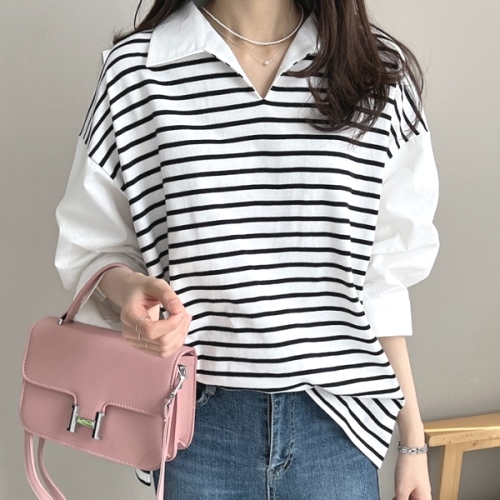 韓国ファッションカジュアルコーデ売れ筋ボーダー切り替え7分袖折り襟Tシャツ