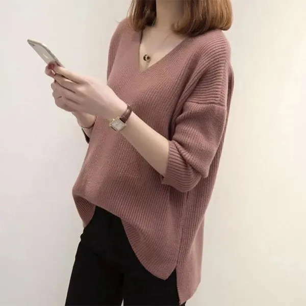 楽で暖かく Vネック スリット ゆったり 着瘦せ 無地 長袖 M~3XL ニット セーター