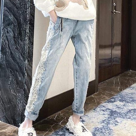 好感度UP  ファッション レース 切り替え アンクル丈 デニム サルエルパンツ