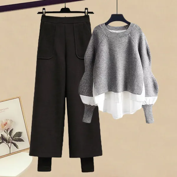 【2点セット】一番人気  配色 ラウンドネックトップス+ ハイウエスト M-4XL パンツ レディース セットアップ