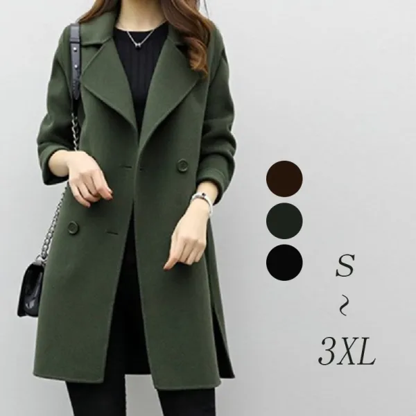 着心地良いカジュアル無地折り襟長袖ロングダブルブレストコート