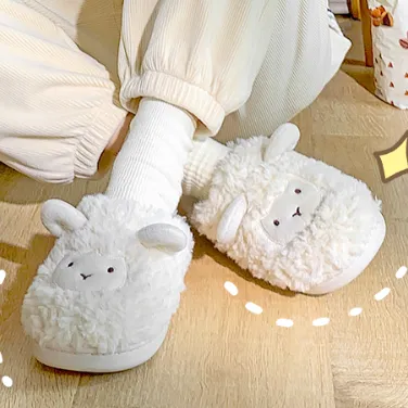 履き心地抜群 キュート ソフト 無地 ヒツジ 刺繍 丸トゥ ファー キック スリッパ