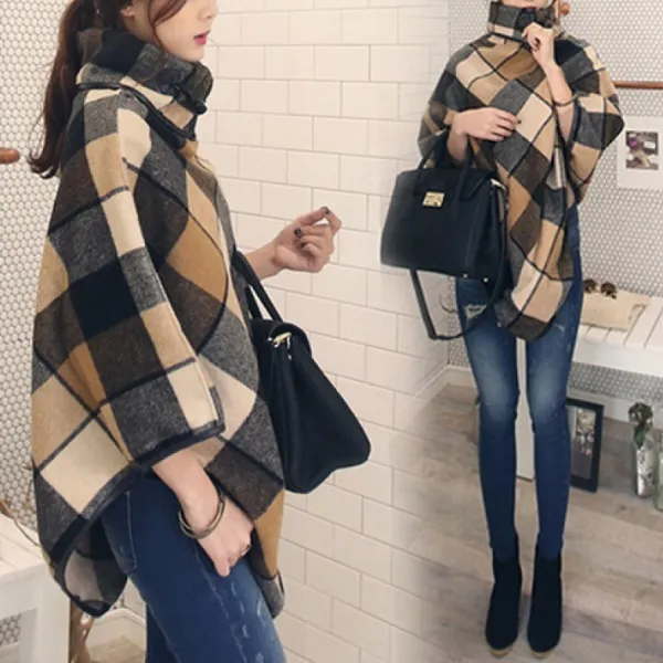 高見えデザイン ファッション チェック柄 ビックシルエット ランダムティアード ドルマンスリーブ ポンチョ