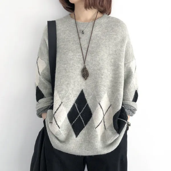 可愛いデザイン 個性的なデザイン シンプル ラウンドネック 幾何模様 プリント 切り替え ニットセーター