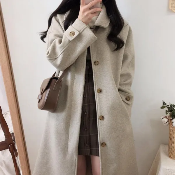 韓国風ファッション  カジュアル シングルブレスト ロング 無地 厚手 長袖 トレンチコート
