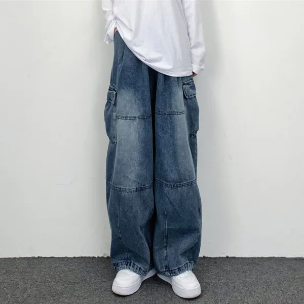 【男女兼用】おしゃれ度高め レトロ ゆるい 無地 レギュラーウエスト 切り替え デニム パンツ
