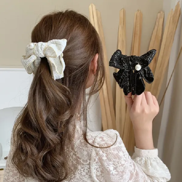 可愛いデザイン 韓国ファッション 大きなリボン ビーズ付き オシャレ 可愛い ヘアアクセサリー