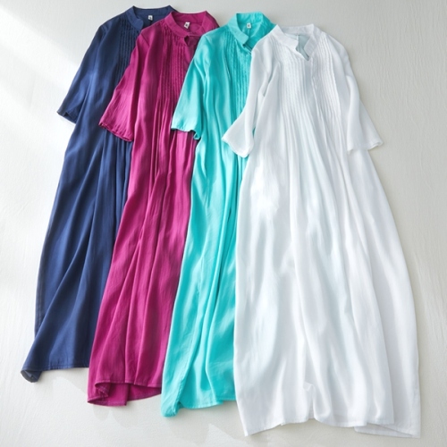 4色 シンプル 無地 プリッツ 切り替え 七分袖 M-2XL カジュアルワンピース