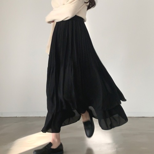 気質アップ 韓国系 ハイウエスト ロング Aライン オールシーズン 重ね着風 シフォン 無地 スカート