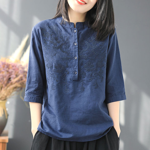 刺繡 花模様 簡潔 カジュアル 日常 プルオーバー 五分袖 無地 ボタン付き スタンドネック レディースシャツ